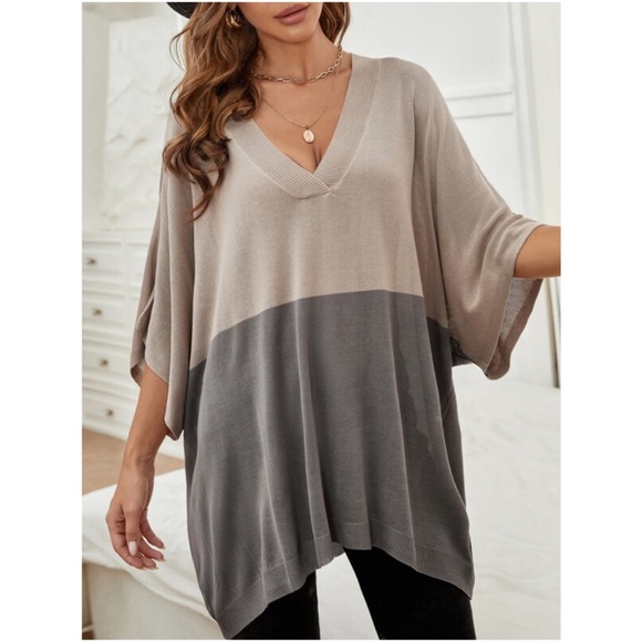 Bellanblue Tops - Cozy tan Color Block Oversized V neck Sweater Top